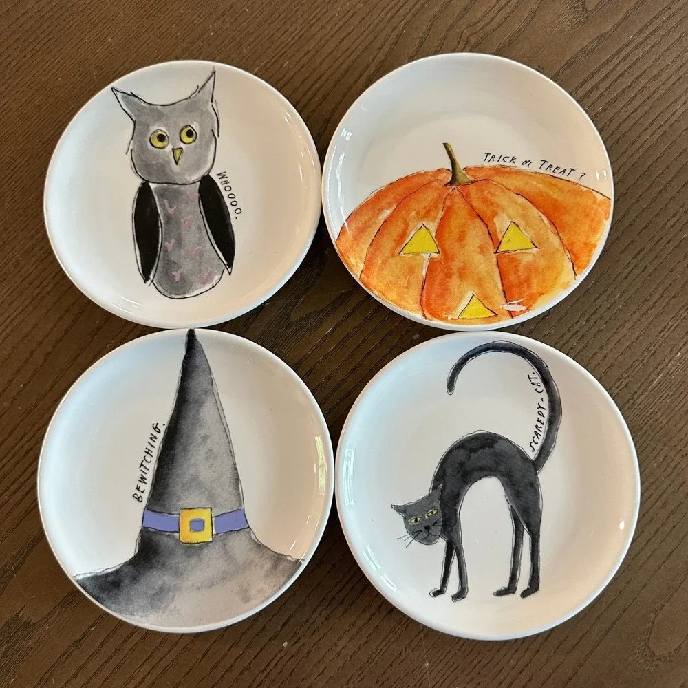 Rae Dunn Halloween Appetizer Plates Set of 4 Cat Owl Witch Hat Pumpkin 6 inch